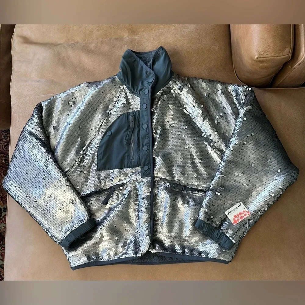 Free People Movement Hit The Slopes Sequin Jacket, Silver, X-Small, MSRP $298 - Picture 2 of 14